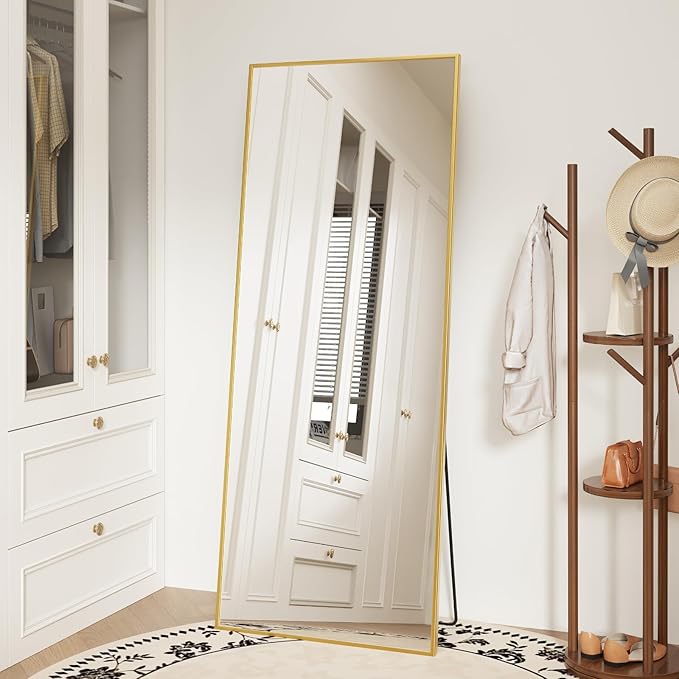 DUMOS Full Length Mirror 19"x 58.5" for Bedroom, Full Body Mirror with Stand, Hanging or Leaning for Wall, Aluminum Alloy Thin Frame Floor Standing for Living Room, Long, Gold