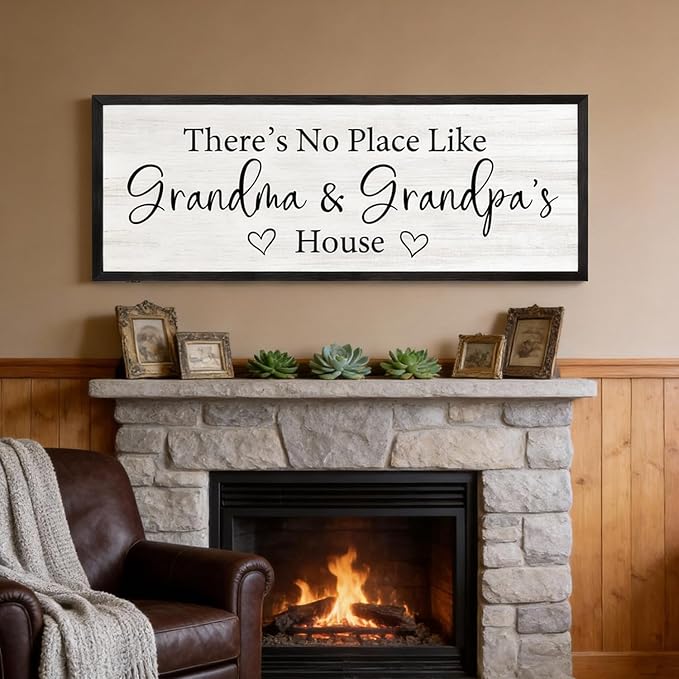 There’s No Place Like Grandma and Grandpa’s House Wall Decor: 32x12 Inch Framed Wooden Family Quote Sign, Rustic Farmhouse Wall Art for Grandparents’ Home, Living Room or Entryway, Black