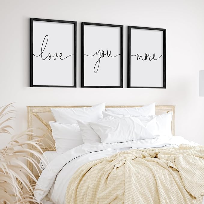 Heiple Love You More Sign Set of 3 Framed Above Bed Wall Decor Farmhouse Bedroom Decor Wood Art Rustic Master Bedroom Essentials Home Decoration (Black, 11”x14”)