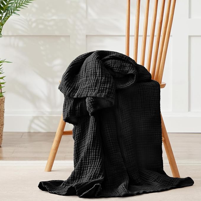 100% Cotton Muslin Blanket Large 50"x 70", 6 Layers Breathable and Lightweight Cotton Throw Blankets for Couch, Soft Cooling Summer Gauze Blanket for Adults All Season, Black