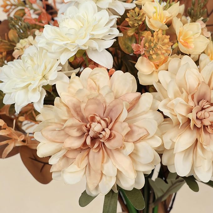 Artificial Fall Flowers Bouquet in Ceramic Vase, Faux Brown Flower Centerpieces for Coffee Table Decorations, Fake Silk Floral Arrangements for Thanksgiving Living Dining Room Bedroom Decor