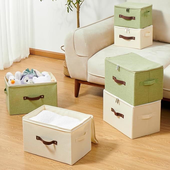 4 Pack Storage Bins with Zipper Lid Cotton Linen Fabric Lidded Storage Baskets Boxes Foldable Washable Closet Shelf Clothes Organizer Container with PU Leather Handles (Beige, Small)
