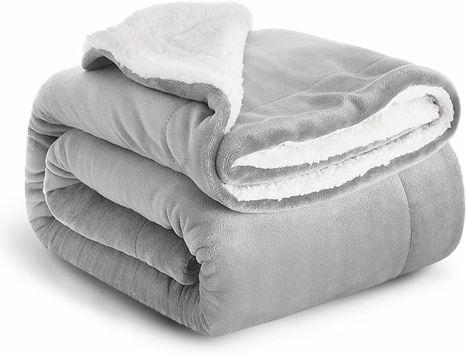 MOONLIGHT20015 Sherpa Blankets Queen Size - (Light Grey, 90X90 Inches) Fuzzy, Soft and Wool/Fleece Blanket for Bed, Fluffy Blankets for Winter, Camping and Travel
