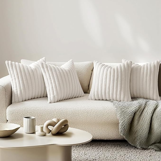 MIULEE Faux Fur Plush Decorative Throw Pillow Covers 18x18 Set of 4, Spring Modern Soft Fuzzy Striped Cushion Covers for Spring Sofa Couch Bed Living Room Cozy Home Decor,Pure White