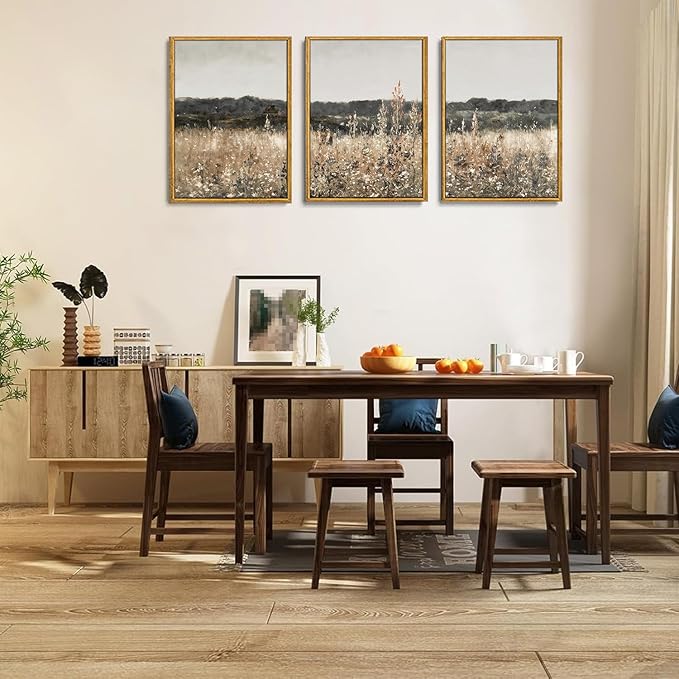Wodkwq 3 Piece Vintage Landscape Canvas Wall Art Framed,Above Bed Wall Art,Farmhouse decor,Neutral Minimalist Wall Painting,Wildflower Art Prints For Living Room,Bedroom,Office 12x16in