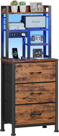 Furnulem Tall Night Stand with LED & USB Ports, 45.3inch Nightstand with Open Bookshelf, Bedside Table with 3 Fabric Drawers for Bedroom/Dorm/Office, Rustic Brown Wood-Metal Frame