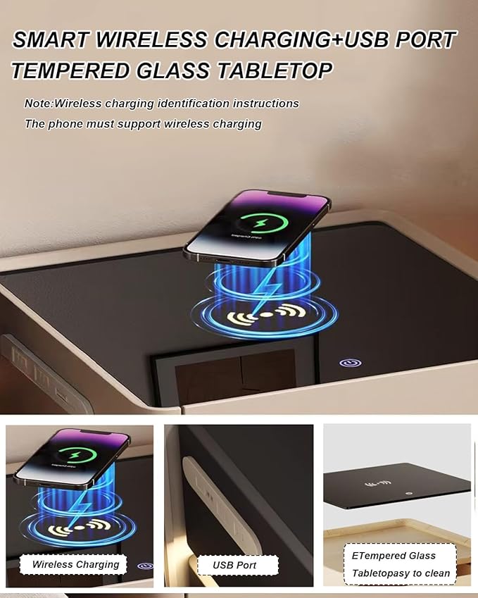 Smart Nightstand with Lock, Leather Bedside Table with Hidden Safe Built, Wood Drawer, USB and Wireless Charging, 3 Color LED, No Assembly Required (White, 15.7in)