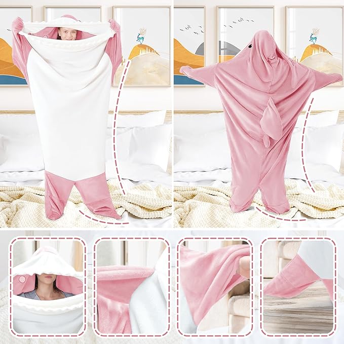 Touchat Shark Blanket for Adult Super Soft Cozy Flannel Throw Wearable Blankets, Cartoon Animals Onesie hoodie, Sleeping Bag Cosplay Costume Blanket Gifts for Shark Lovers(Pink,XXXL)