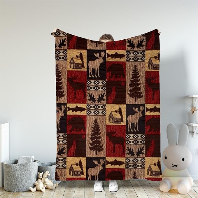 Bear Rustic Cabin Moose Blanket Soft Flannel Farmhouse Throw Blanket Gifts for Adults Cozy Blanket for Red Black Check Farmhouse Art All Season Couch Bed Sofa Home Decor, 50"x60"