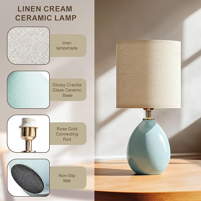 18.5" Table Lamp Set of 2 for Living Room Bedroom, Bedside Lamps for Night Stands, Desk Nightstand Lamp Dimmable, Modern Linen Cream Ceramic Lamps (Blue)