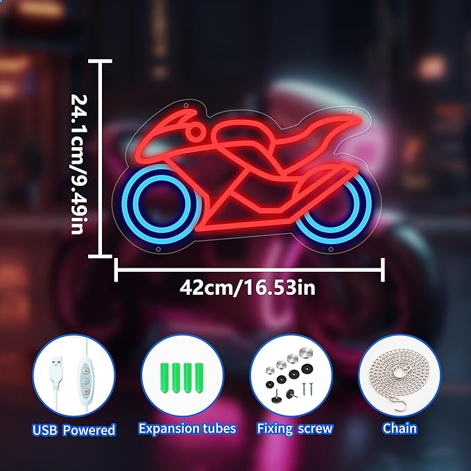 Motorcycle Neon Signs for Wall Decor, Motorcycle Racing Neon Lights for Man Cave Signs for Room Decor, Led Light Up Sign with USB Powered for Boys, Bar, Hotel, VIP Room, Home Decoration
