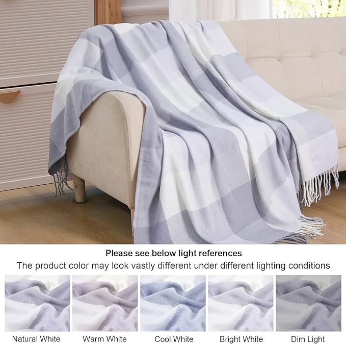 David's Home Buffalo Plaid Throw Blanket- Soft Lightweight Tartan Checker Blanket with Decorative Tassels for Couch Sofa-Outdoor Fringe Lap Throw-Farmhouse Style-50x60 Inches-White+Greyish Blue/Purple