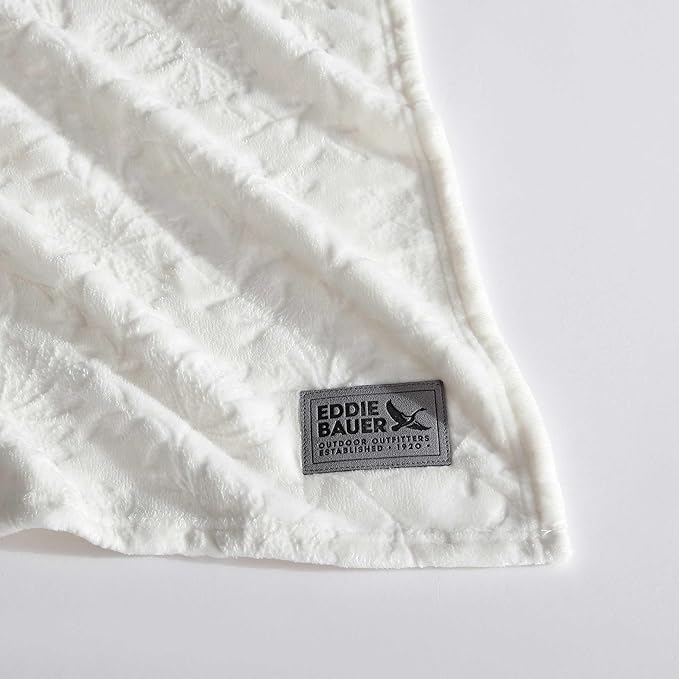 Eddie Bauer - Throw Blanket, Ultra-Soft & Embossed Plush Bedding, Blanket for Couch & Bed (Woodblock Floral White, 50" x 70")