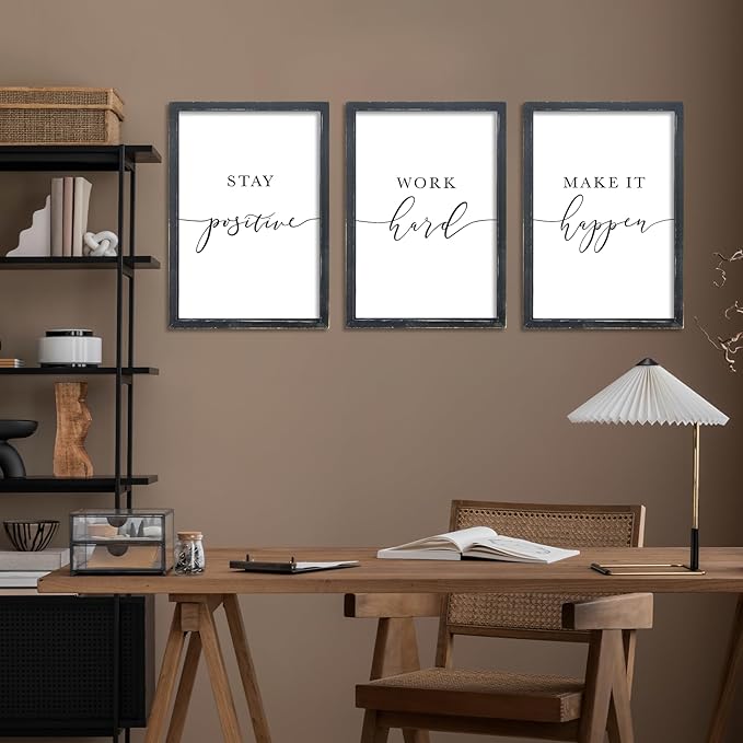 RLWangChao Inspirational Quotes Wall Art Decor 11"X16" 3 Piece Modren Office Stay Positive Work Hard Make It Happen Motivational Wood Framed Sign Living Room Positive Wall Hanging Decoration (Black)