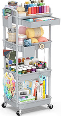 4 Tier Rolling Utility Cart with Drawer, Storage Organizer Cart with 2 Lockable Wheels, Multifunctional Rolling Storage Cart for Bathroom, Kitchen, Craft, Makeup, Baby Essentials, Gray