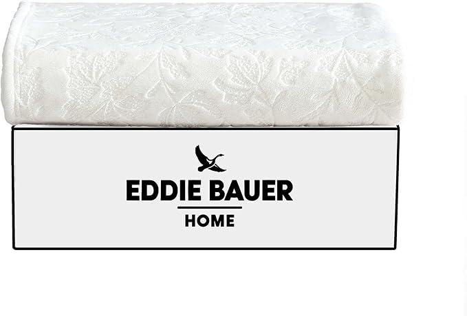 Eddie Bauer - Throw Blanket, Ultra-Soft & Embossed Plush Bedding, Blanket for Couch & Bed (Woodblock Floral White, 50" x 70")