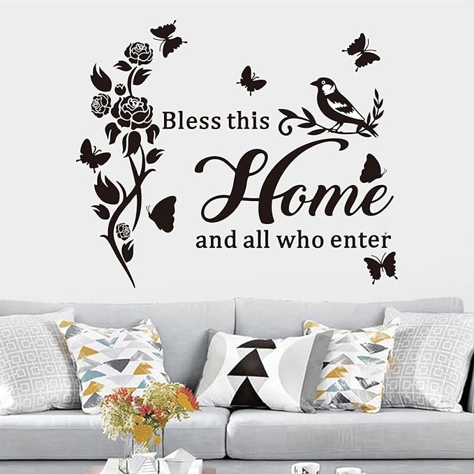 Family Wall Stickers for Living Room: Inspirational Home Quotes Vinyl Art Wall Decals for Kitchen Dining Room Bedroom Bathroom Apartment - Bless This Home and All Who Enter 18" X 15"