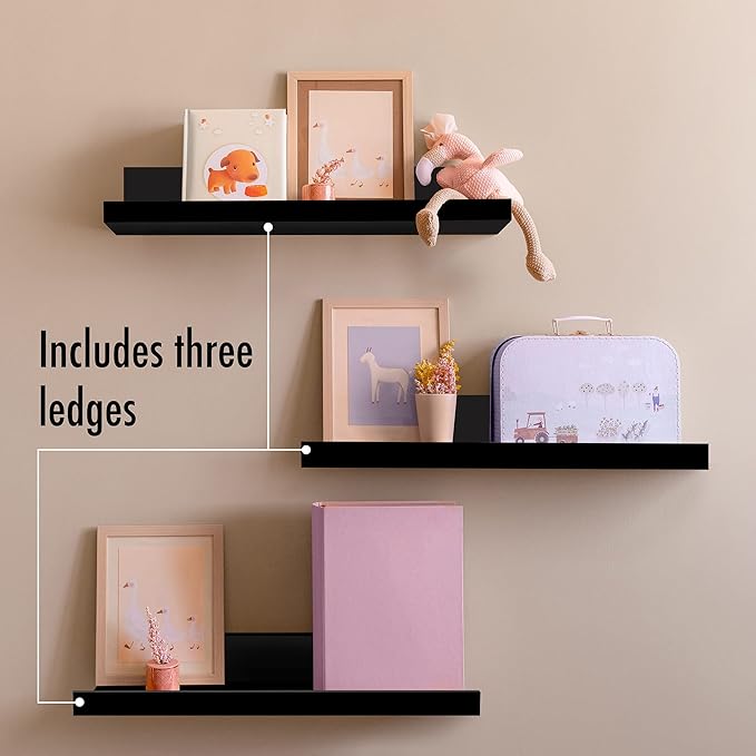 Americanflat 14" Floating Shelves for Wall - Set of 3 - Made of Engineered Wood with Lipped Ledge - Floating Wall Shelves for Bedroom, Bathroom, Kitchen, Office, and Living Room - Black