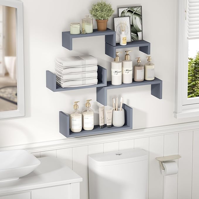 SRIWATANA Floating Shelves for Wall, Wall Shelves for Bathroom, Bedroom, Living Room, Kitchen, Office, Wood Shelves for Home Decor Set of 5 (Weathered Grey)