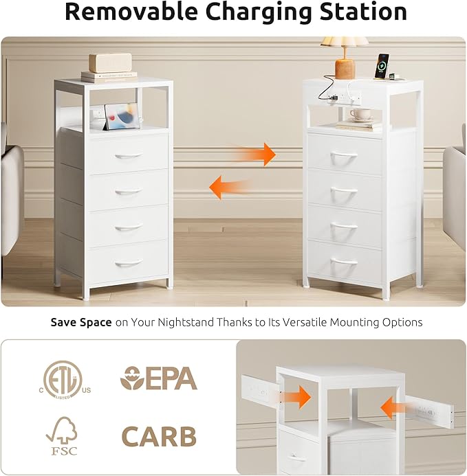 NightStand Bedside Charging Table Bedroom - Night Stand with Charger Station, Modern Bed Side Table with USB-C USB Ports & AC Outlets for Bedroom, Open Shelf & 4 Fabric Drawers, White