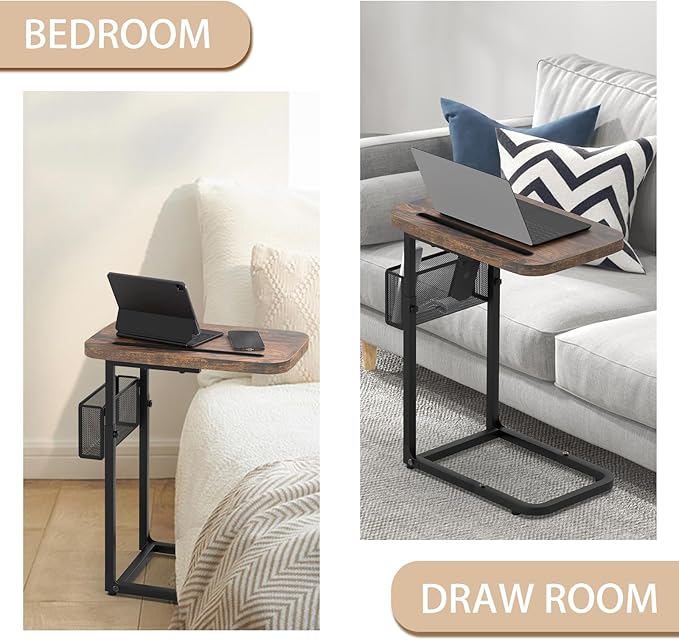 High-Grade Stability TV Tray Table with Large Tabletop, Adjustable Couch Table with Storage Baskets, Strong Metal Frame, Tv Dinner Tray Table for TV Watching, Meals, Snacks, and Tablet Use (Brown)