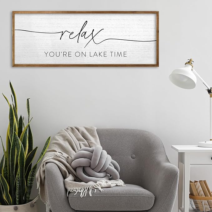 TQianJiang Relax You're On Lake Time Wall Decor 40"×15" Lake House Bedroom Sign Large Wood Framed Wall Hanging Art (Wood)