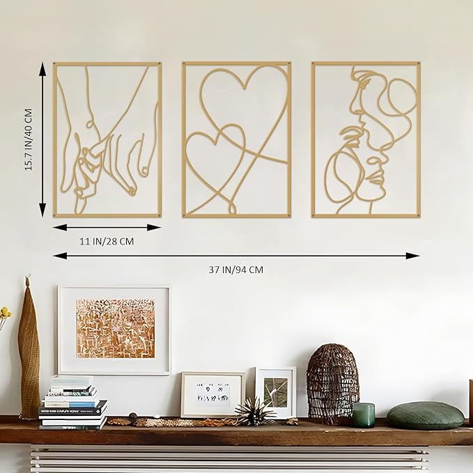 3 Pieces Metal Minimalist Line Wall Art, Valentine's Day Lover Kiss Hand Metal Wall Decor, Aesthetic Modern Home Hanging Wall Art Decor for Bedroom Bathroom Living Room (Gold)
