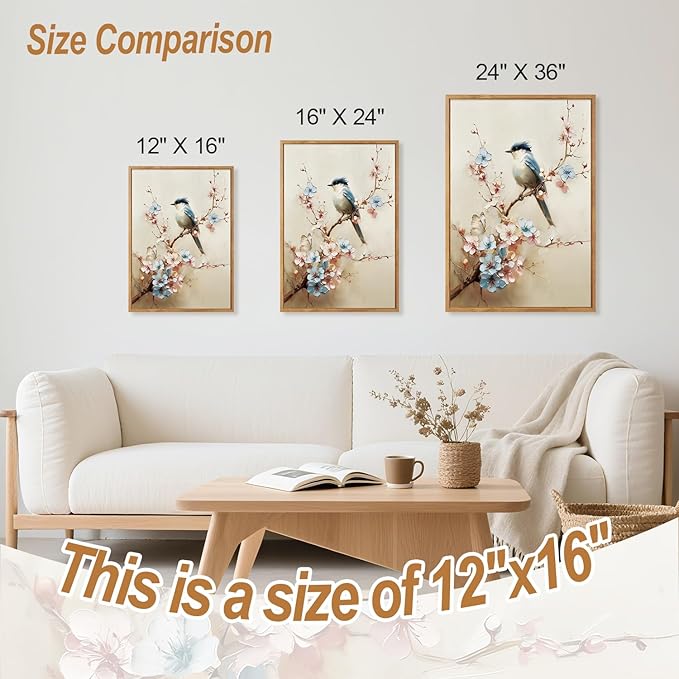 CHDITB Bird and Blossom Framed Canvas Wall Art Set Of 3, Vintage Floral Wall Decor, Retro Nature Avian Floral Wall Painting, Neutral Botanical Birds Art Prints for Dining Room Bedroom Decor 12”x16”