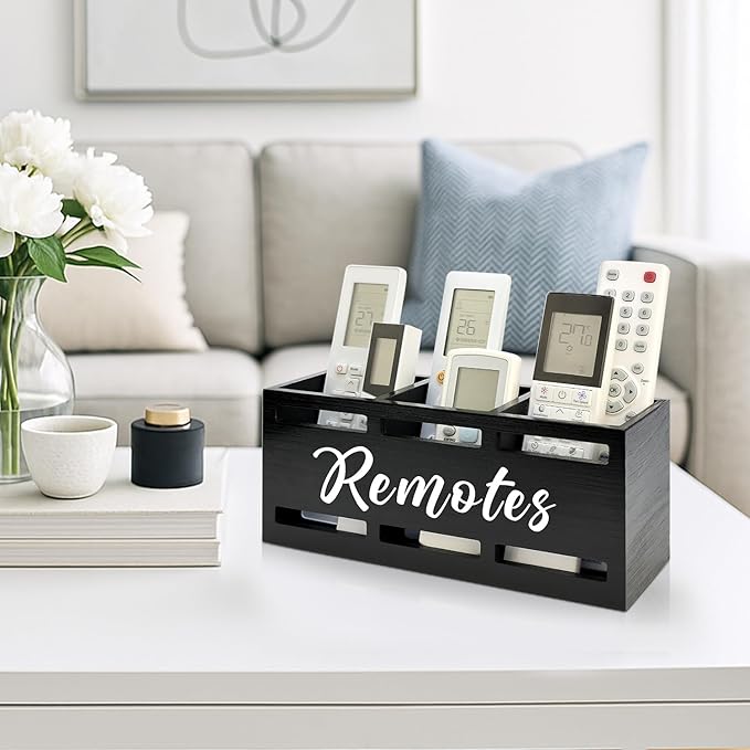 TV Remote Holder Wall Mount Remote Control Holders for Bed Wood Bedside Organizer Table Caddy Controller Holder Wall Mount Remote Controls Box Remotes Storage Black Caddies with 3 Slots