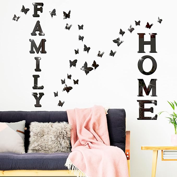 Outus 3D Family Home Sign Letters Living Room Decor Family Rustic Farmhouse Wall Decor Acrylic Mirror Decorative Butterfly Mirror Wall Sticker Decals for Living Room Bedroom Kitchen (Black)