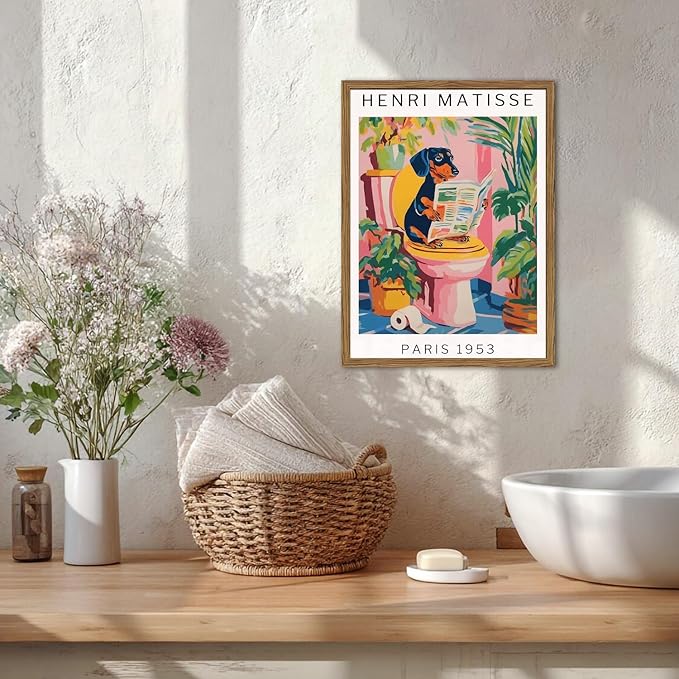 Funny Dog Bathroom Wall Art Henri Matisse Dachshund Bathroom Wall Decor Picture Whimsical Puppy Reading Newspaper in Toilet Poster Painting Canvas Print 12x16 inch Wood Framed