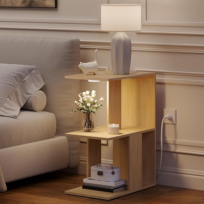 Modern End Table with Charging Station, Narrow Side Table for Small Spaces with 2 Open Storage Shelf, Narrow Nightstand with Light, Thin Bedside Table for Living Room, Natural ETNA18E01