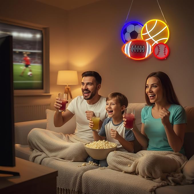 4 Ball Sport Neon Sign, Soccer Basketball Baseball Football Neon LED Light Wall Decor with Printed Design, Sports Themed for Boy's Bedroom Playroom Man Cave Home College Club Birthday Party Decor