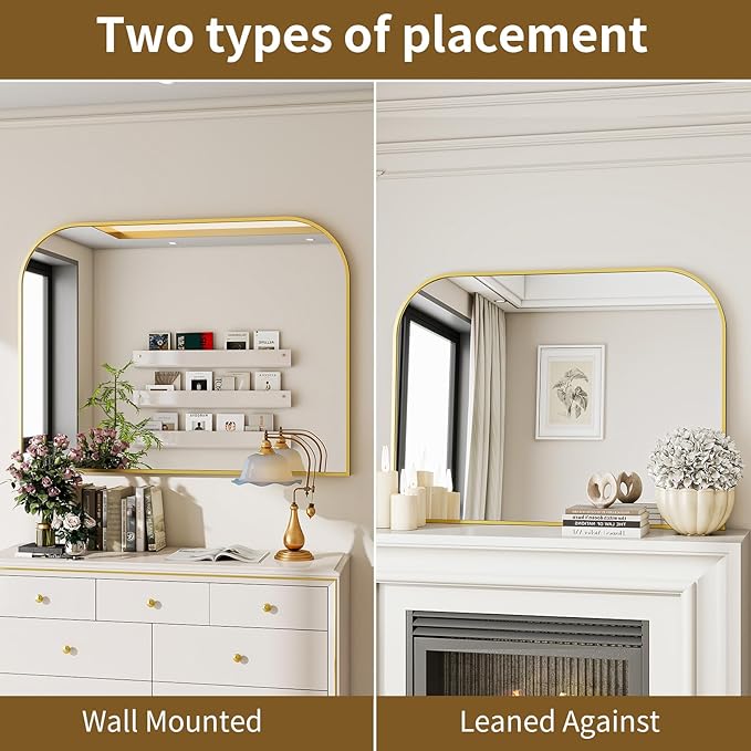 Gold Wall Mounted Bathroom Mirror - 48 x 30 Inch Round Cruved Top Right Angle Bottom Wall Mirror, Aluminum Metal Framed, Decor for Living Room, Bedroom, Fireplace, Mantle, Entryway