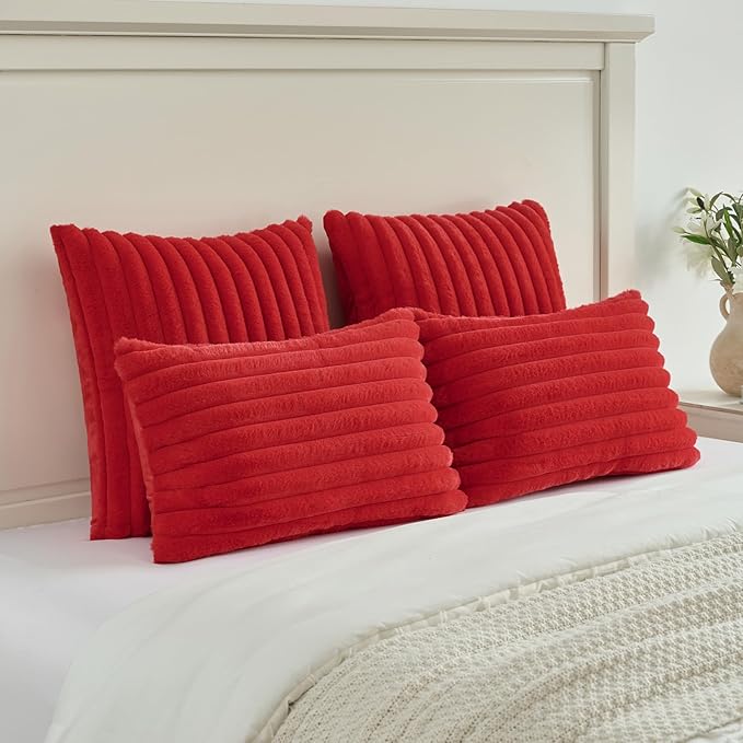 FUTEI Red Decorative Throw Pillow Covers Set of 2, 20x20 Inch Soft Fluffy Faux Fur Plush Striped Cushion Cases, Modern Home Decor for Couch Bed Living Room
