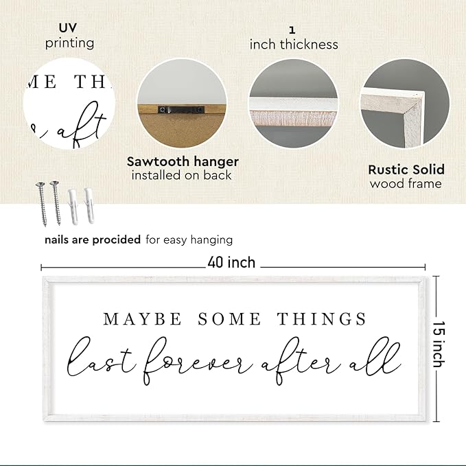 YWJKWLGS Master Bedroom Above Bed Wall Decor Maybe Some Things Last Forever After All Sign Wall Art, 40x15 Inch, Modern Farmhouse Large Rustic Wood Framed Over the Bed for couples mr and mrs (White)