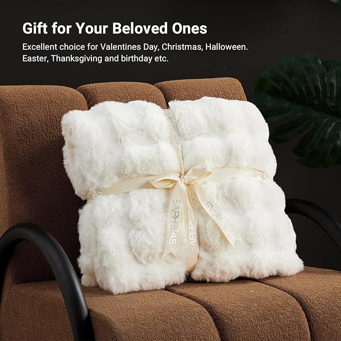 SAPHREAS Faux Fur Throw Blanket for Couch, Fluffy Fuzzy Bubble Blanket for Sofa Bed Living Room, Decor Soft Cozy Gifts for Women Men, 50x60” Cream White