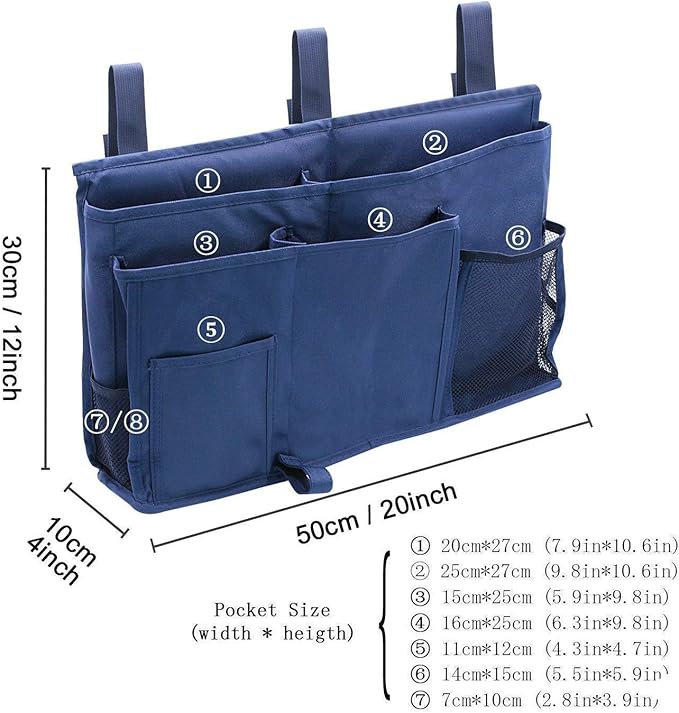 Bedside Caddy Improved With 3 POM Buckles -Hanging Organizer For Phone, Magazine, Accessory&Remote -Best For Dorm Room, Bunk Bed, Hospital Bed, Bed Rail, Headboard, Apartment, Bathroom&Travel