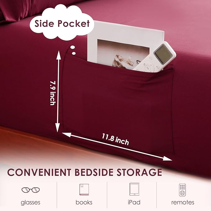 JSD Burgundy Queen Sheet Set with Side Pocket Corner Straps, 4 Piece Soft Microfiber Bed Sheets Extra Deep Pocket