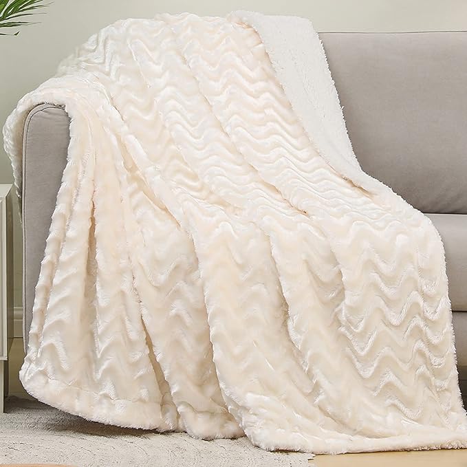 Whale Flotilla Faux Fur Sherpa Throw Blanket for Couch Sofa, Cozy Reversible Fuzzy Fluffy Plush Throws for All Season, Warm and Soft, 50x60 Inch, Ivory