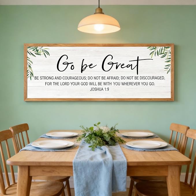 Go Be Great Wall Decor: 40x15 Inch Large Framed Bible Verse Wall Art, Joshua 1:9 Scripture Sign, Christian Wall Decor for Bedroom Living Room, Black Wooden Frame, Natural