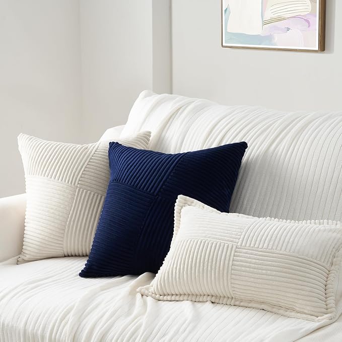 Topfinel Fall Pillow Covers Set of 2 Soft Corduroy Boho Strip Textured Blue Pillow Covers Modern Farmhouse Cute Autumn Home Decor Blue Living Room Sofa Couch Bed 45x45 cm