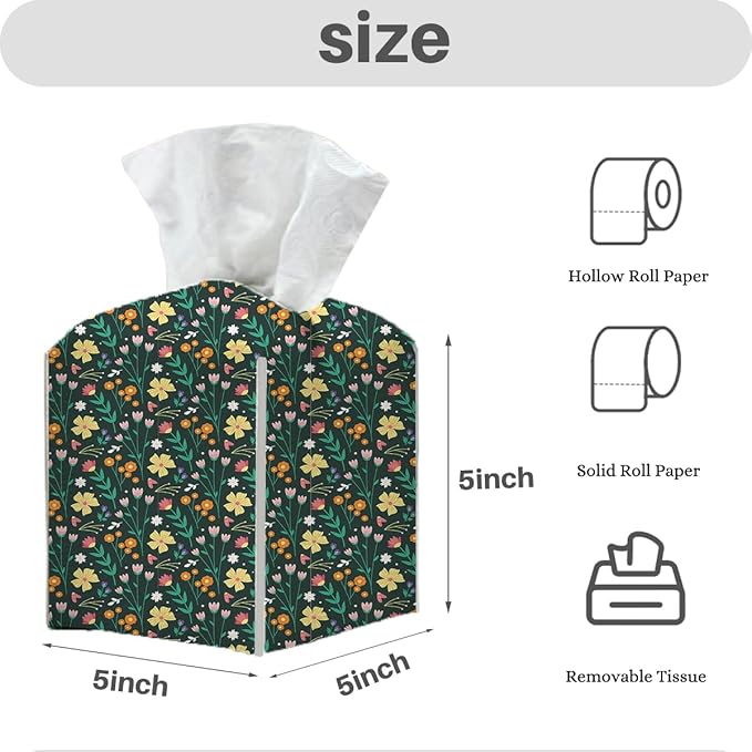Tissue Box Cover, Tissue Box Holder, Square with Belt Bottom, PU Leather Decorative Organizer for Desk, Tabletop, Countertop Bathroom, Toilet, Car, Office, Dresser Kitchen, Aesthetic Wildflowers Decor