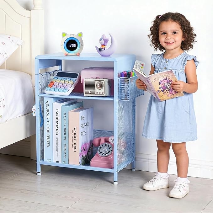 Kids Nightstand, 3-Tier Metal Side Table with Adjustable Storage Shelf, Basket & 3 S-Hooks, Small Bedside Table for Nursery, Toddler Bedroom and Small Spaces (Blue)