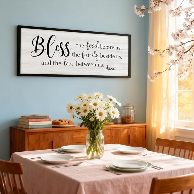 Bless the Food Before Us, the Family Beside Us, and the Love between us Framed Wall Art for Dining Room, 40''×15'' Holy Positive Religious Rustic Bible Verse for Christian God Jesus Christ Prayer