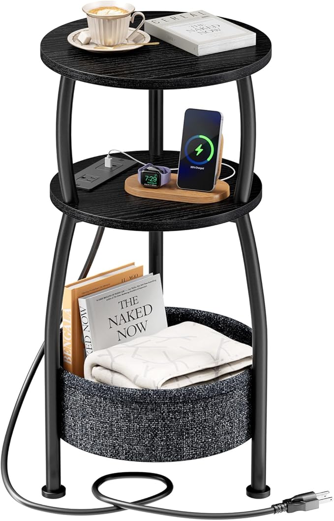 Round Side Table with Power Outlets, Small Coffee Table with S Basket, Space Saving End Table 3-Tier Bedside Corner Table Stand for Living Room, Bedroom, Garden 11.8in Classic Black