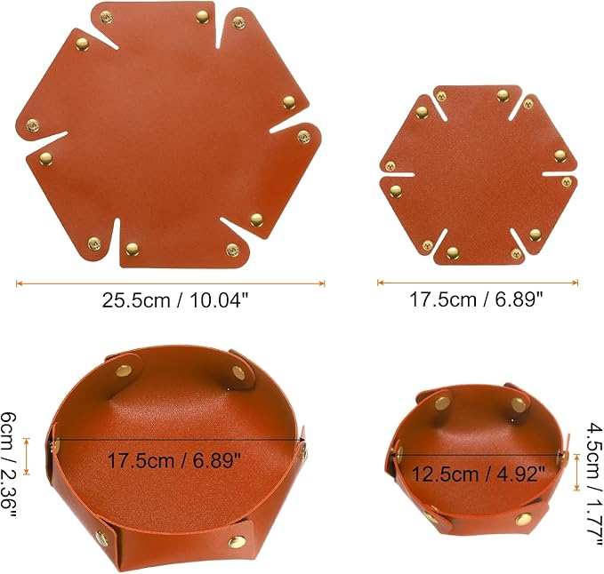 HARFINGTON 2pcs PU Leather Valet Tray Unisex Valet Tray Folding Round Catchall Tray Portable Entryway Table Tray Nightstand Bedside Desk Tray for Key Watch Coin Jewelry Dice, Orange