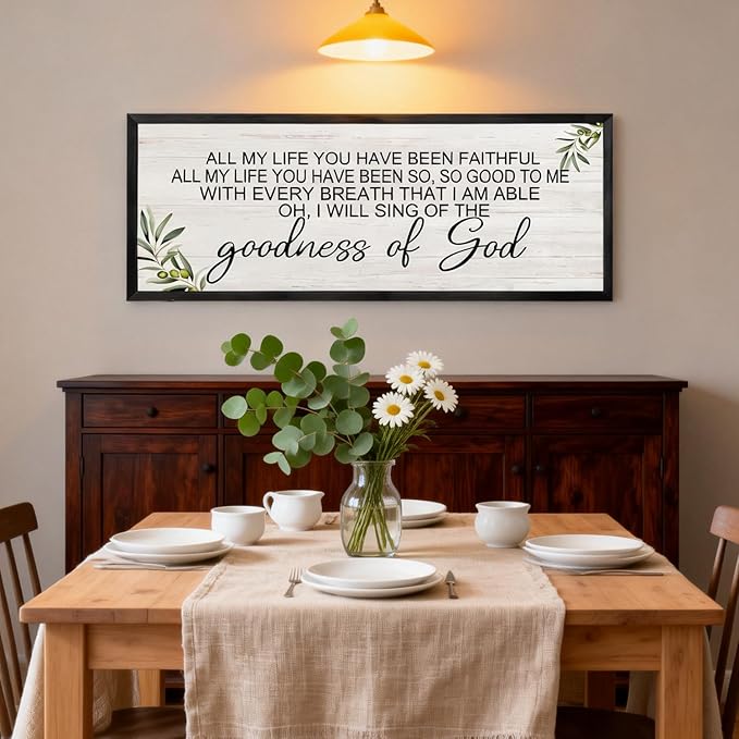 Goodness of God Christian Wall Decor: 40x15 Inch Large Framed Christian Inspirational Wall Art, Religious Scripture Quote Wooden Sign, Black Frame Christian Home Decor for Living Room Bedroom, Black