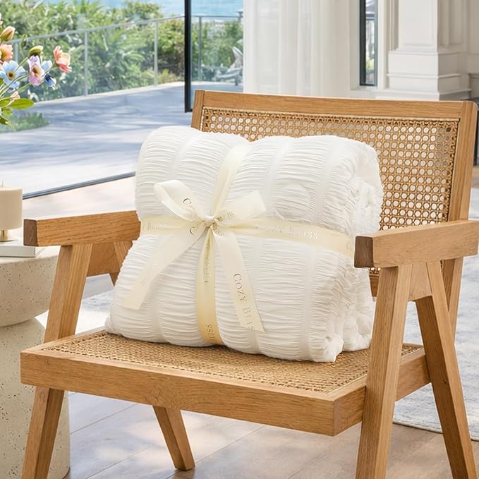 Cozy Bliss Vertical Striped Seersucker Cooling Comforter Queen Size, Lightweight Airflow Silky Cooling Bedding with Q-Max>0.45 for Bedroom, Home Decor, Hot Sleepers & Night Sweats, White 90"x90"
