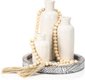 5 Pcs Rustic Country Tabletop Centerpieces Decor Set of 3 Boho Ceramic Vases with Wooden Serving Tray Wood Bead Garland Tassels Table Holder for Home Decorations(Gray)